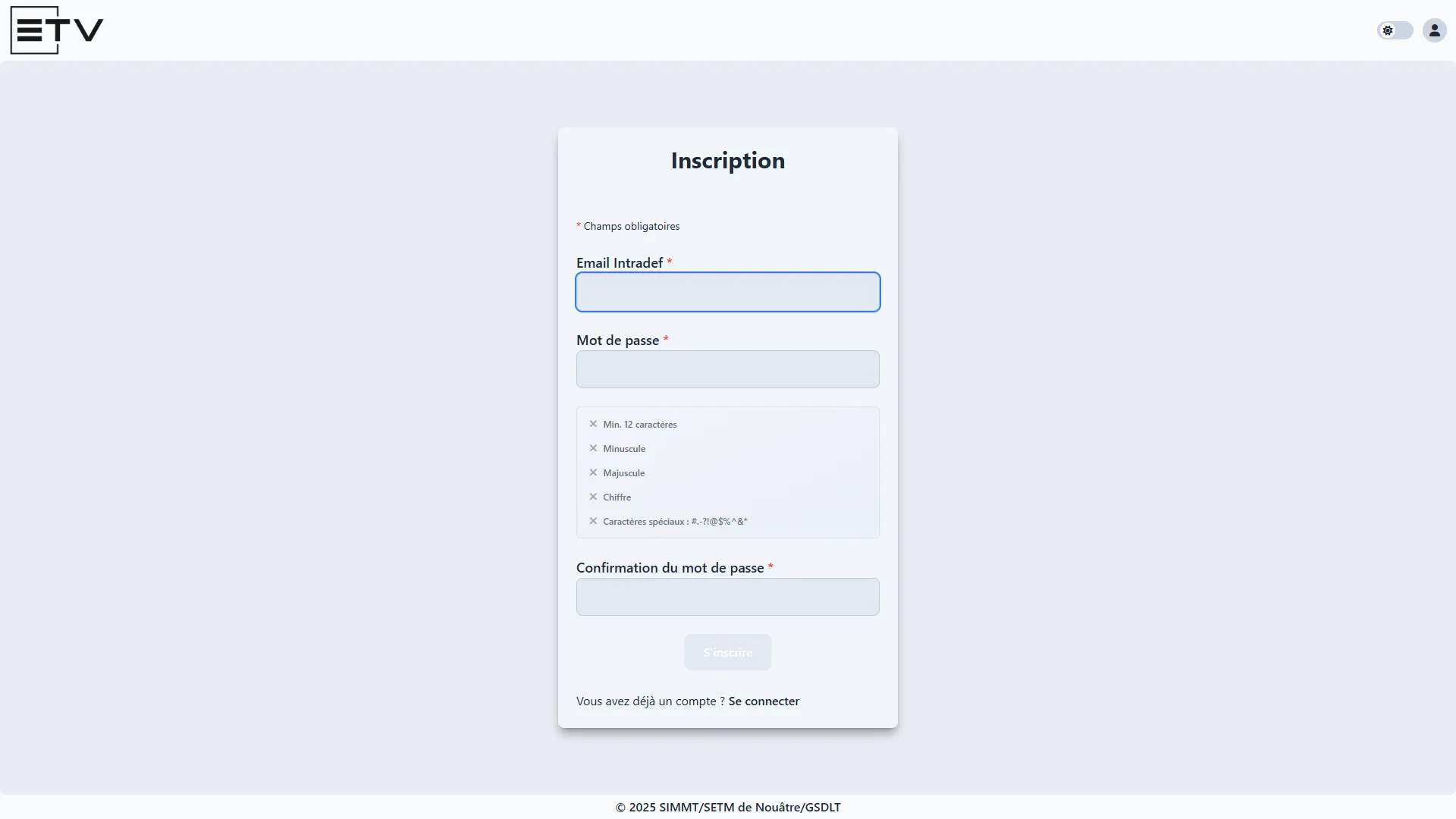 Page de création de compte